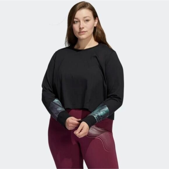 Adidas plus size black crew neck crop long sleeve shirt 2X NWT - Picture 1 of 9